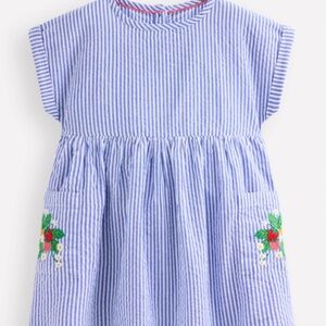 Mini Boden - Blue & White Seersucker Strawberry Embroidery Tunic, Size 7-8